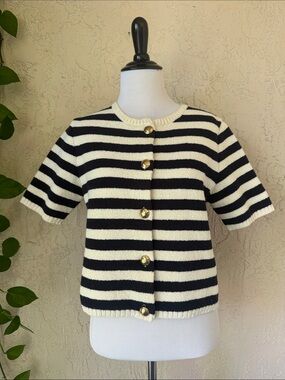 H&M Black and White Striped Short Sleeve Cardigan